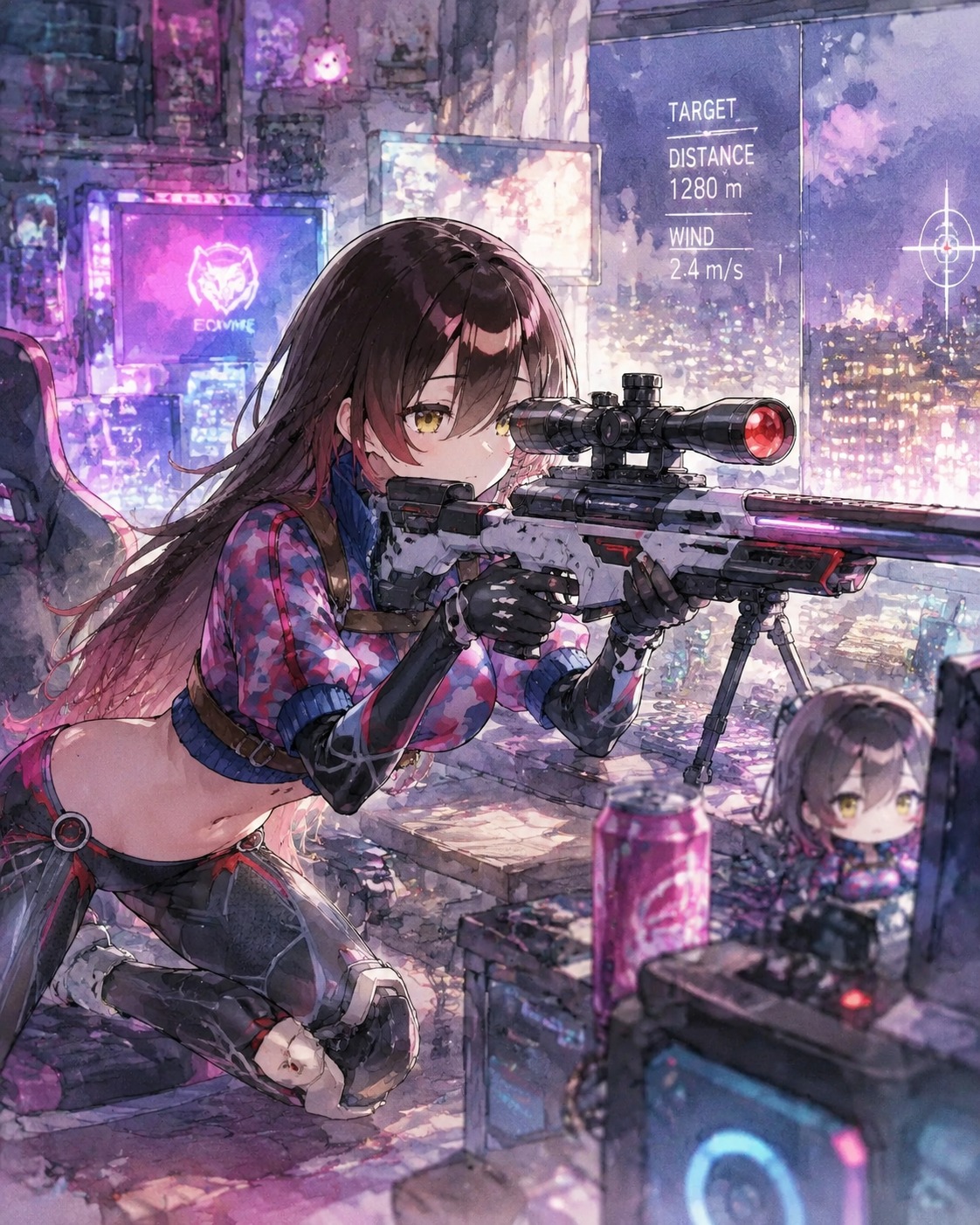 Sniping targets with a high-tech rifle In a cluttered high-tech gaming room (soft watercolor, ethereal bokeh)