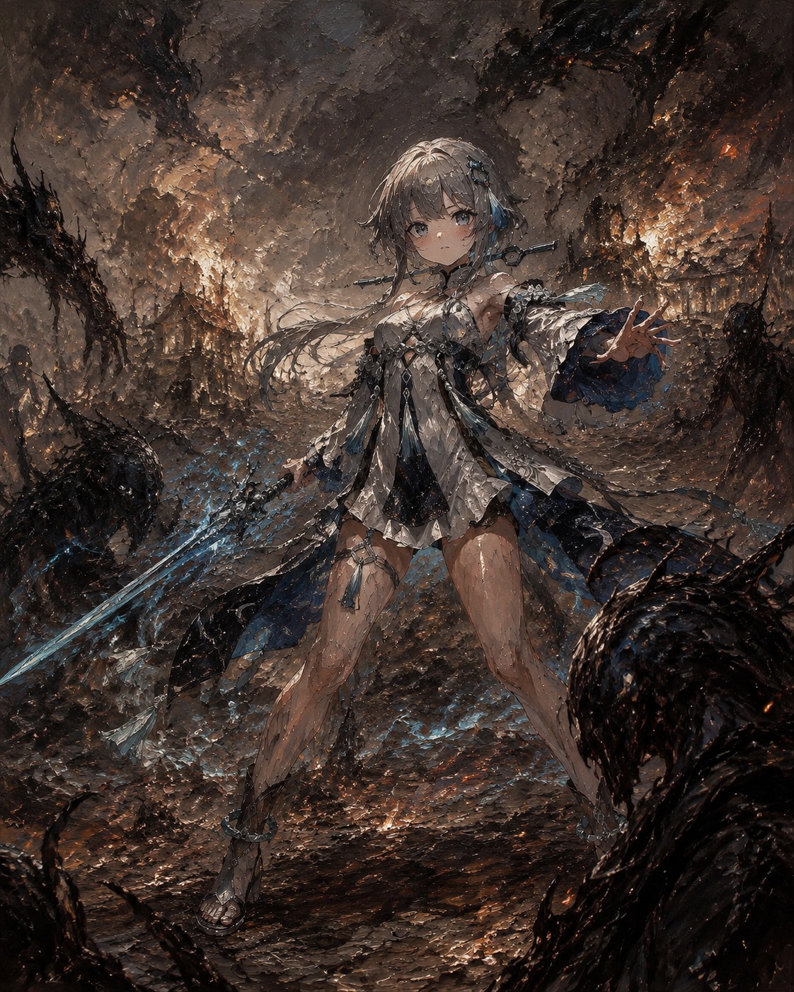 Defending a small village from shadowy monsters On a battlefield scorched by ancient divine fire (grimdark oil painting, heavy impasto textures)