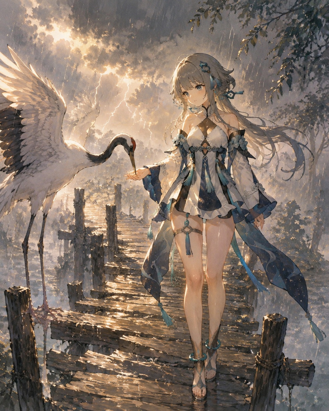 Feeding a wild crane from her palm On a rickety wooden bridge during a summer thunderstorm (soft watercolor anime, ethereal golden lighting)