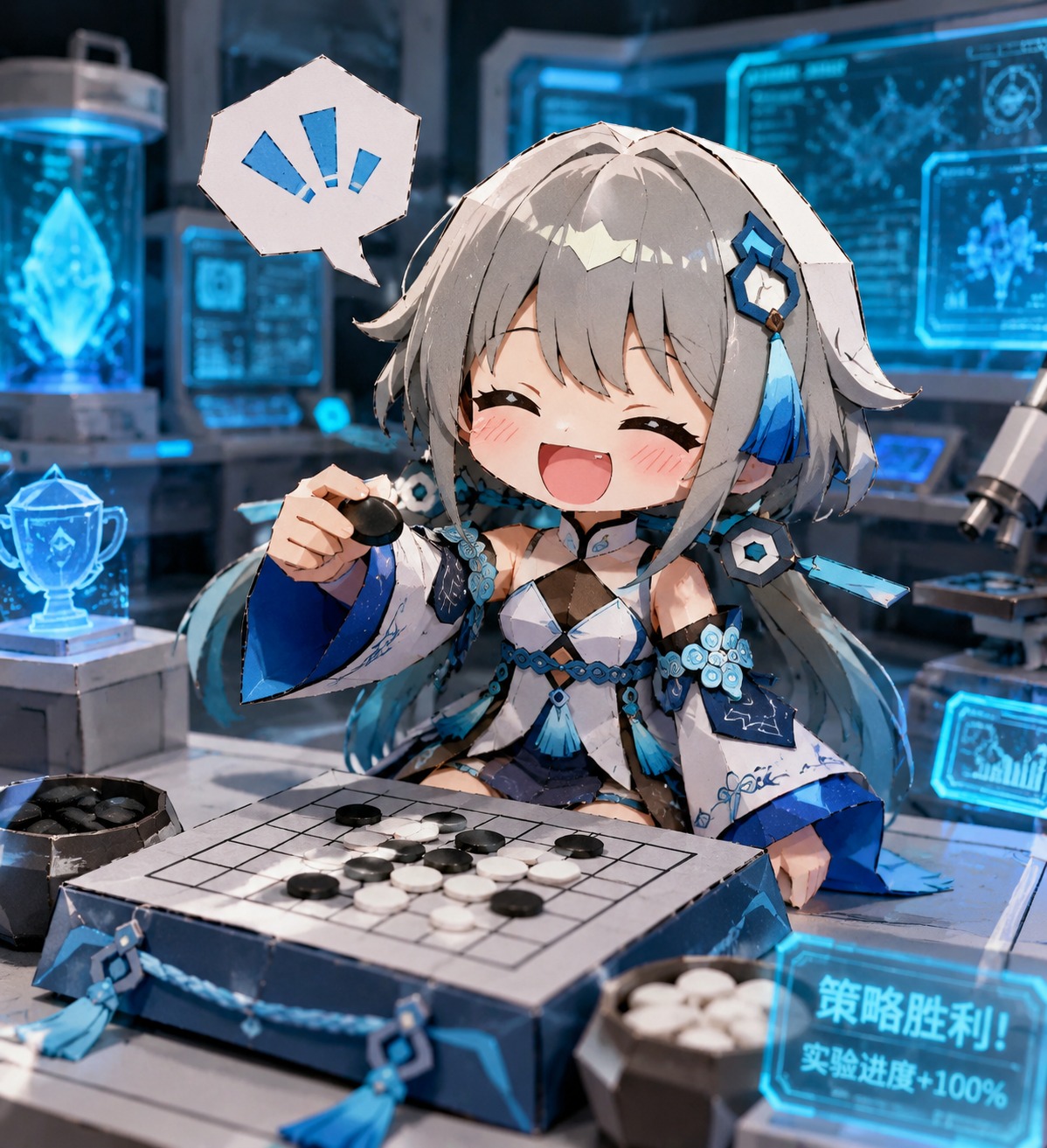 Laughing while playing a game of stone chess In a modern high-tech laboratory with holographic screens (chibi papercraft style, vibrant craft textures)