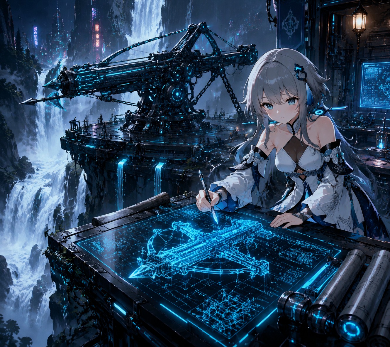 Sketching a blueprint for a giant mechanical ballista At the edge of a cascading mountain waterfall (high-contrast cyberpunk, neon cyan highlights)