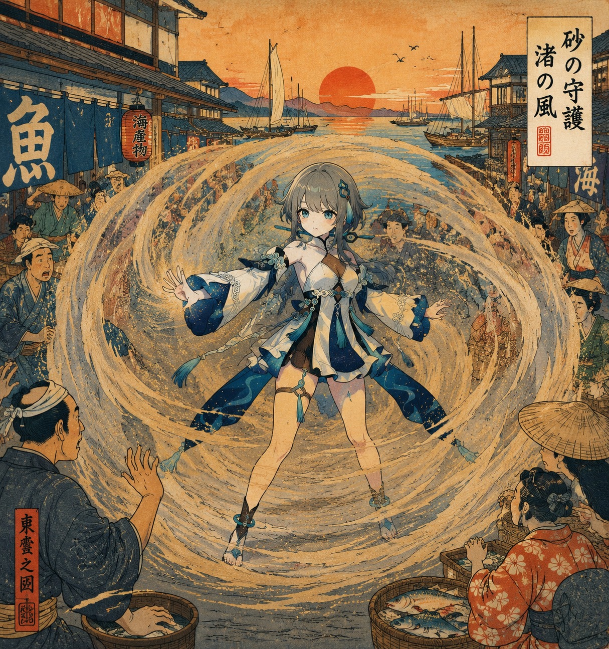 Summoning a swirling protective vortex of fine sand At a busy harbor marketplace during sunrise (Ukiyo-e woodblock print, bold flat colors)