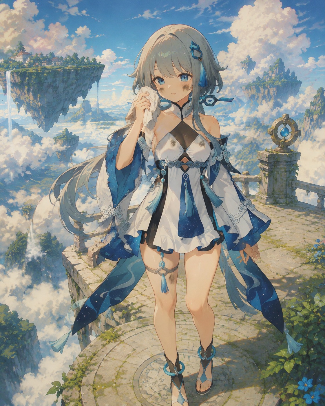Wiping a smudge of grease off her cheek On a floating stone platform high above the clouds (Studio Ghibli aesthetic, lush hand-painted backgrounds)