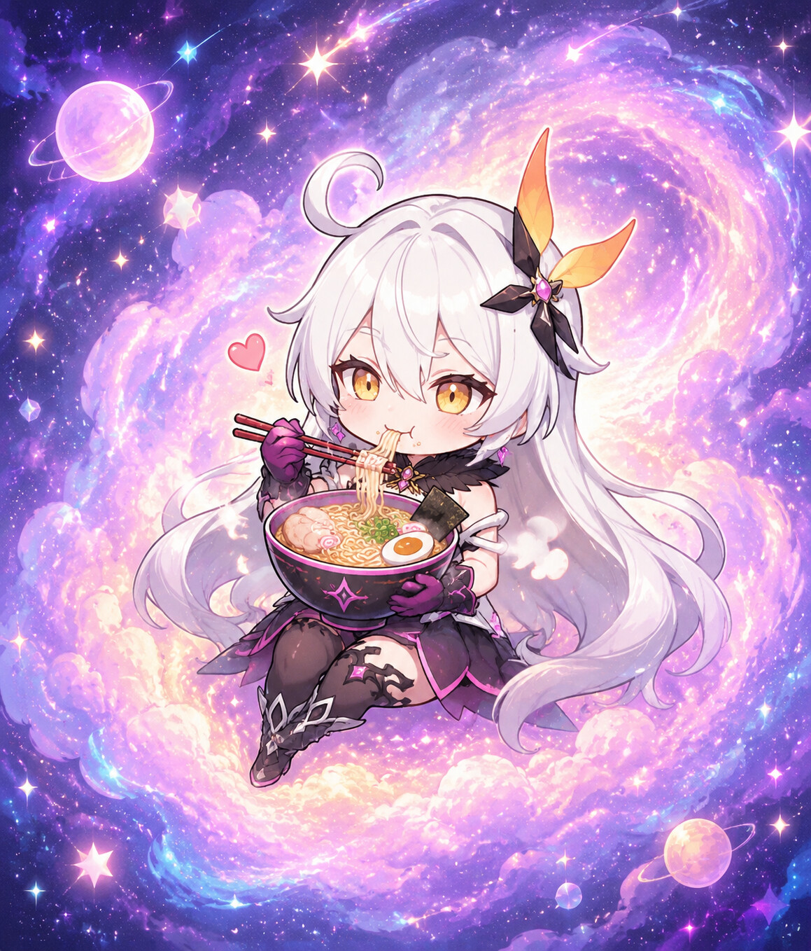 Enjoying a hot bowl of salty ramen at the center of a shimmering cosmic nebula (cute chibi style)