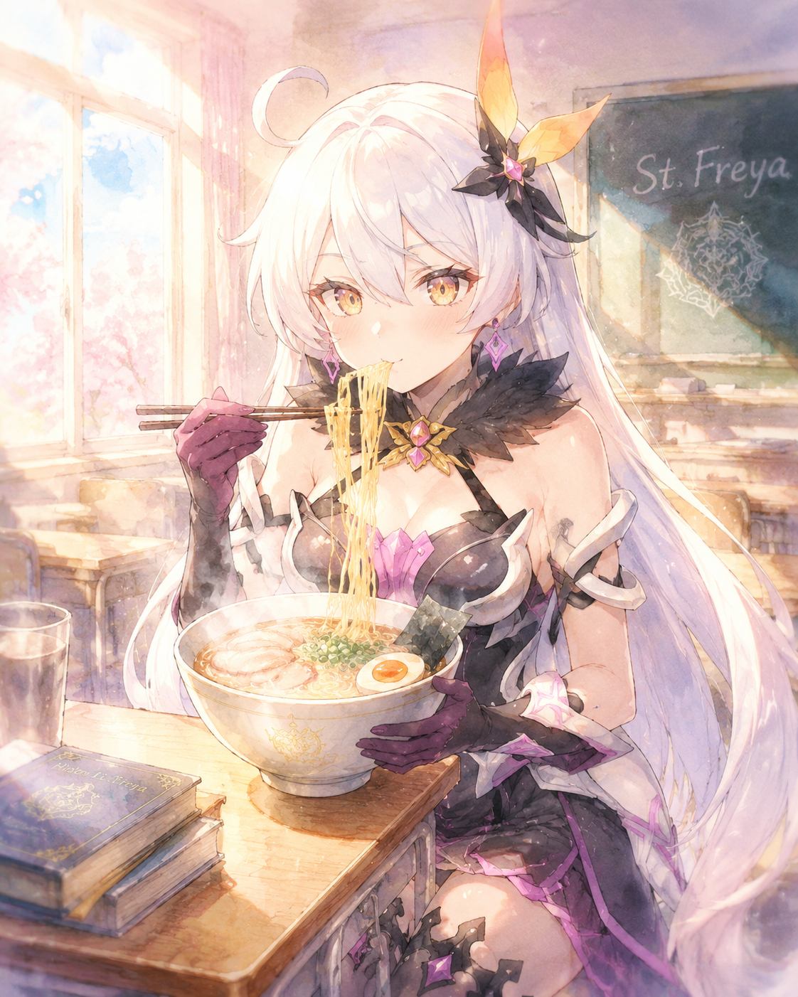 Enjoying a hot bowl of salty ramen In a sun-drenched classroom at St. Freya (soft watercolor, ethereal glow)