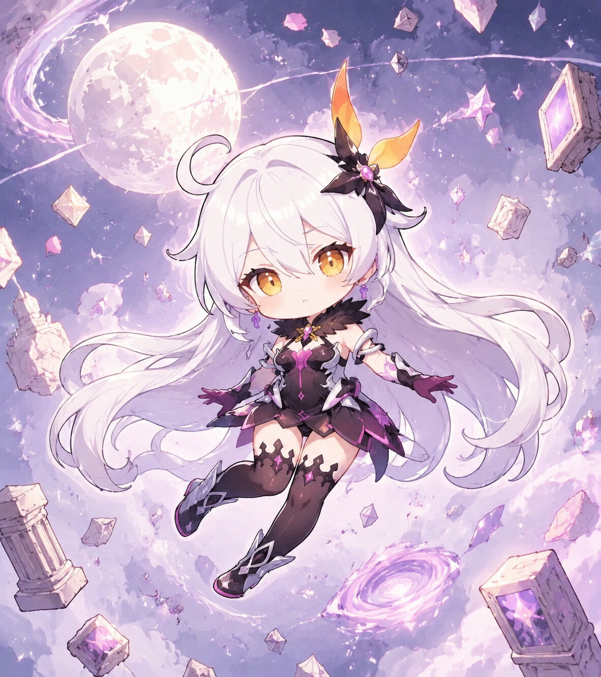 Floating peacefully in the lunar orbit in a void between dimensions filled with floating debris (cute chibi style)