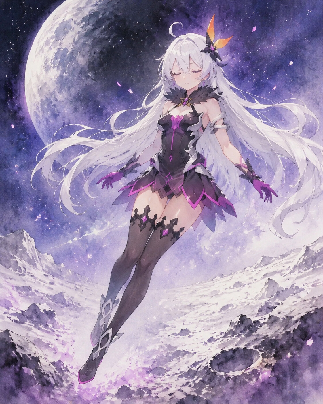 Floating peacefully in the lunar orbit on the desolate surface of the moon (soft watercolor)