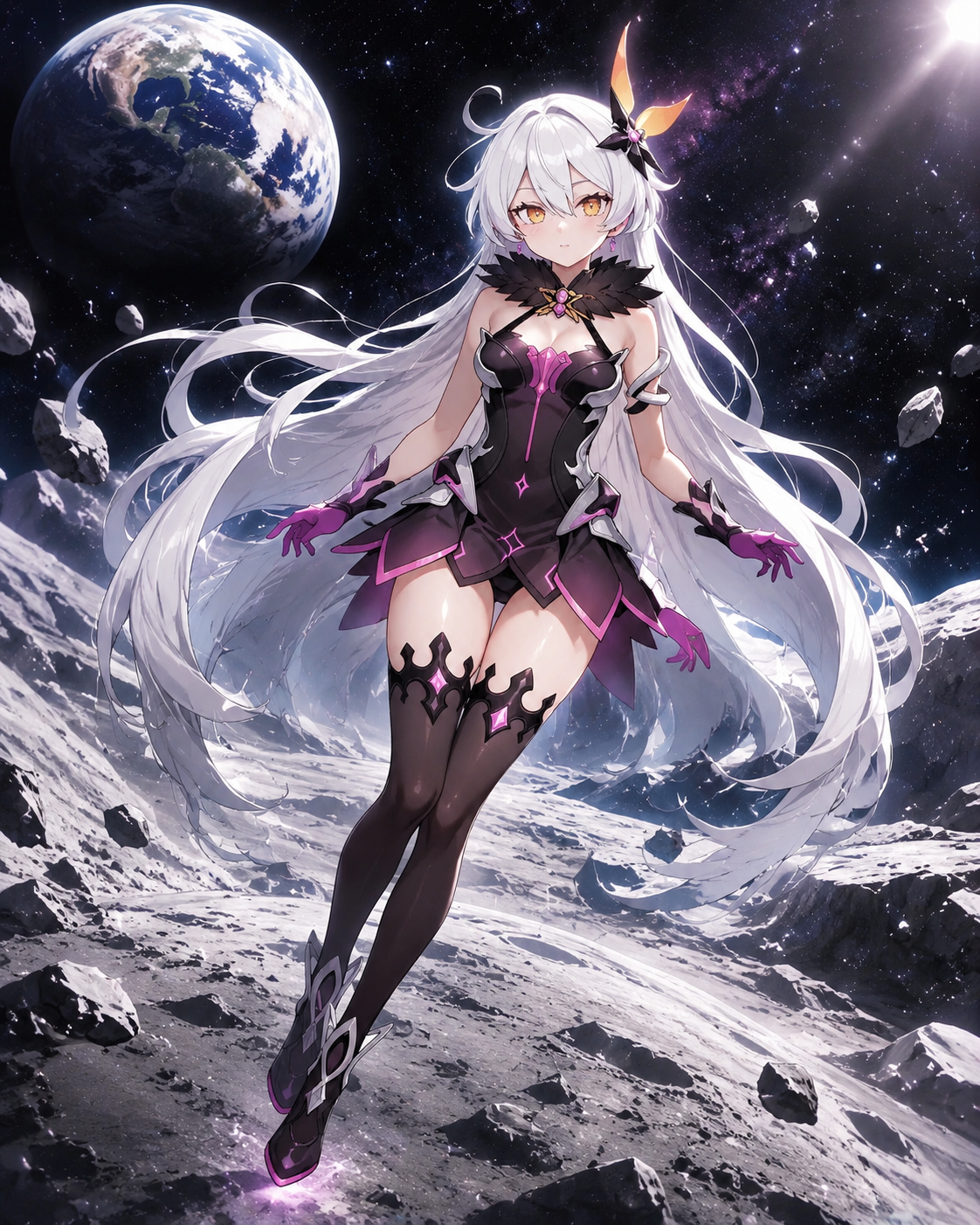 Floating peacefully in the lunar orbit On the desolate surface of the moon (vibrant anime art, celestial lighting)