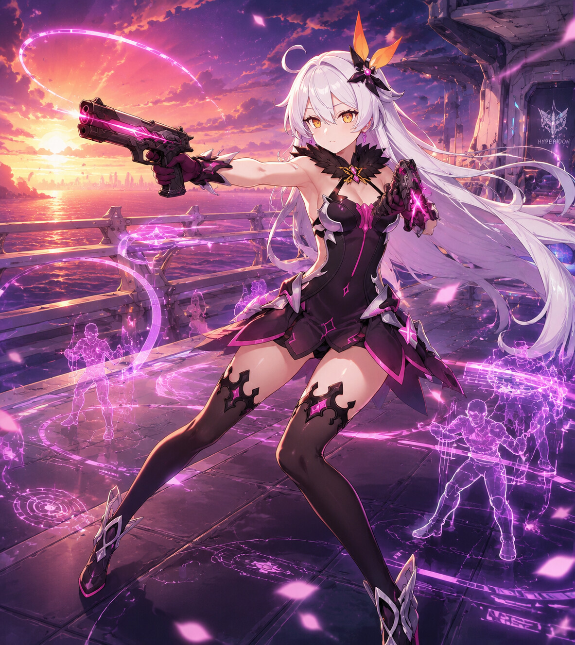 Practicing gun-kata in a virtual simulation on the deck of the Hyperion during sunset (vibrant anime art)