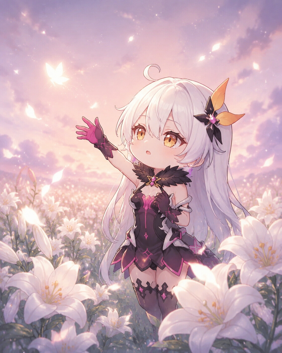 Reaching out a hand toward a fading light in a quiet field of blooming white lilies (cute chibi style)