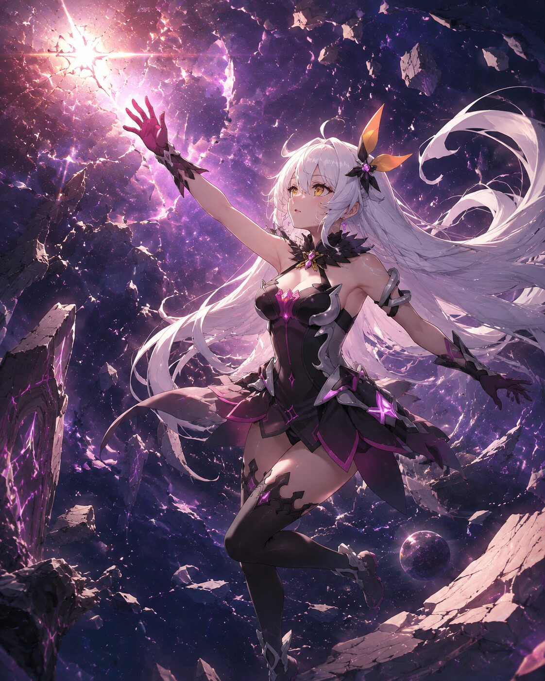 Reaching out a hand toward a fading light in a void between dimensions filled with floating debris (vibrant anime art)