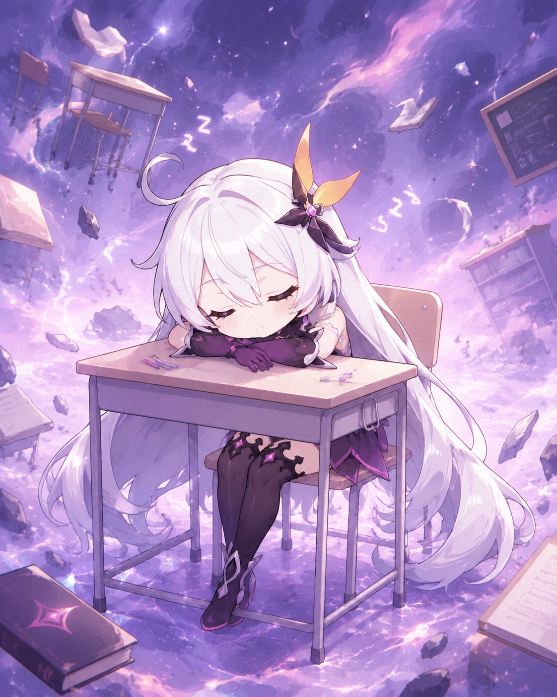 Sleeping quietly on a classroom desk In a void between dimensions filled with floating debris (cute chibi style, pastel colors)