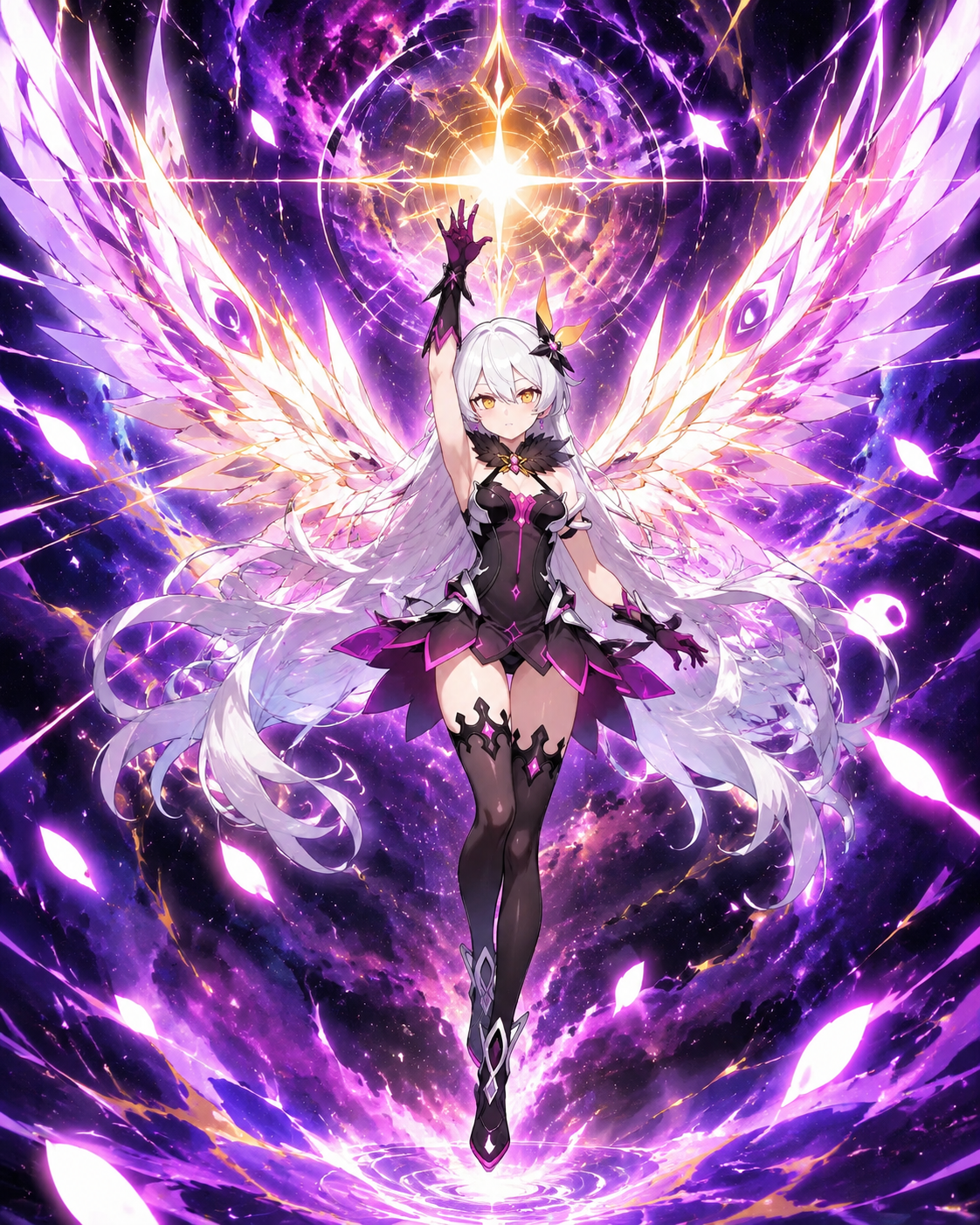 Summoning radiant wings of the finality At the center of a shimmering cosmic nebula (sharp cel-shading, high-energy action lines)