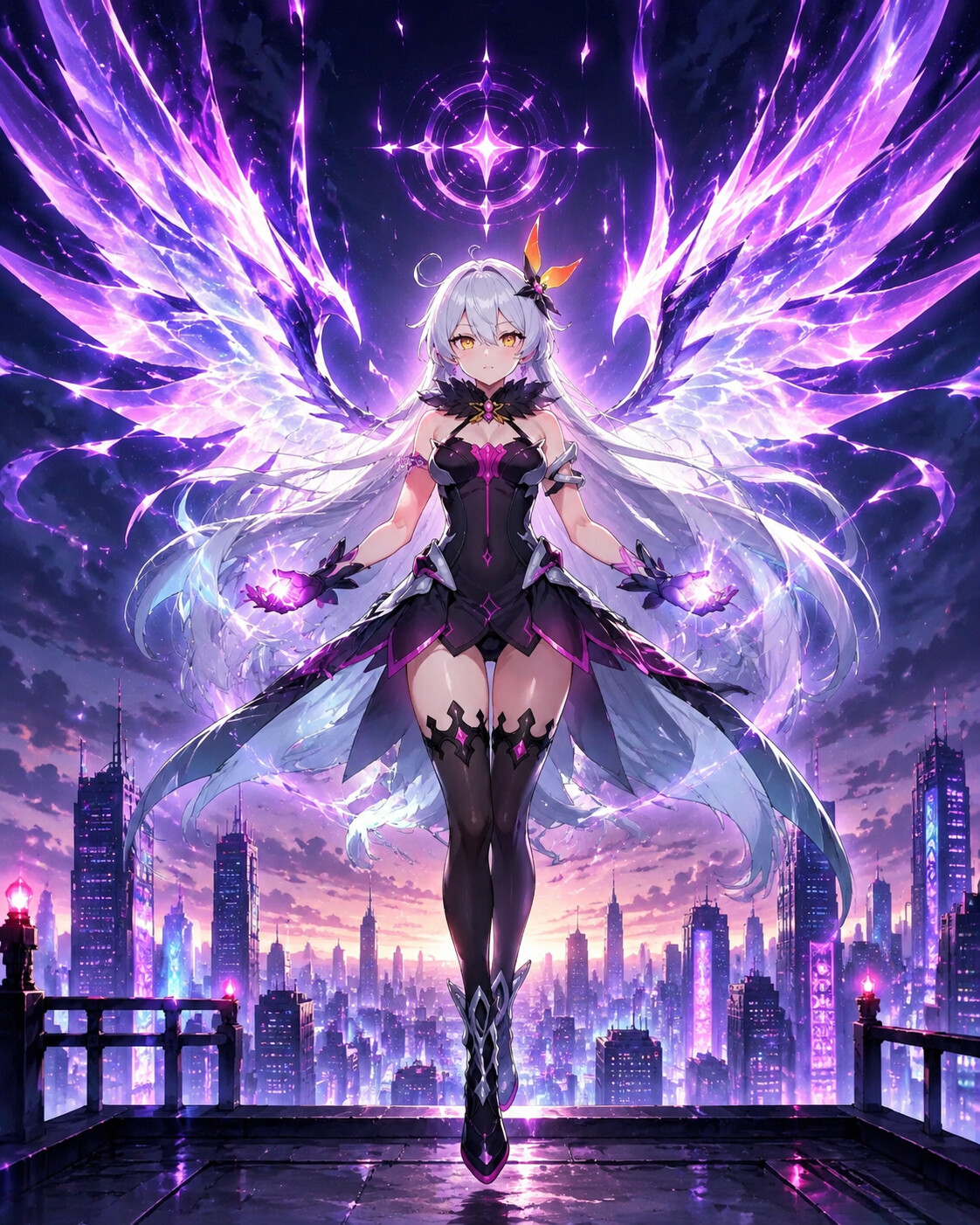 Summoning radiant wings of the Finality on a rooftop overlooking a glowing futuristic city (vibrant anime art)