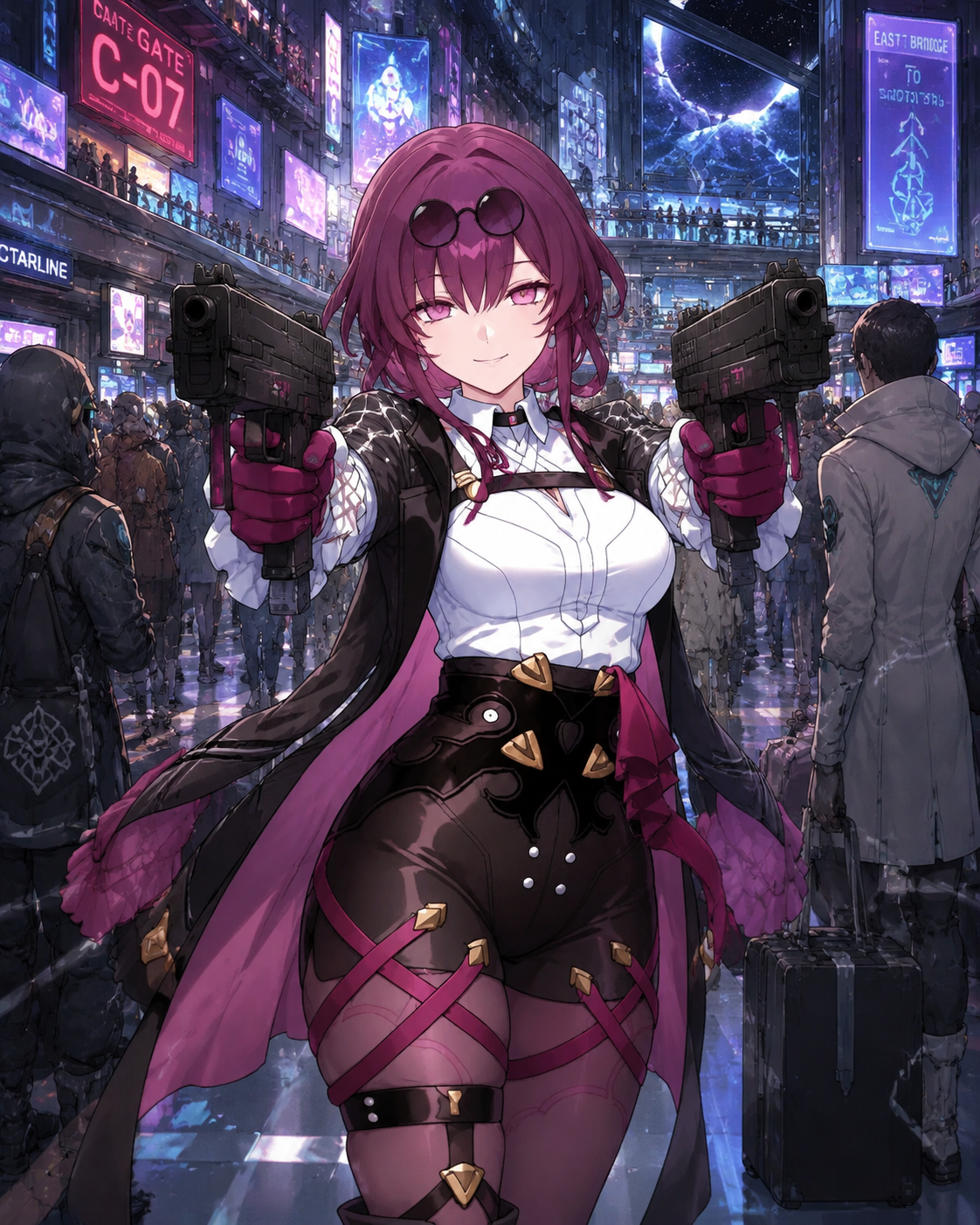 Aiming twin submachine guns with a smirk At a crowded intergalactic transit hub (detailed anime concept art, sharp lines)