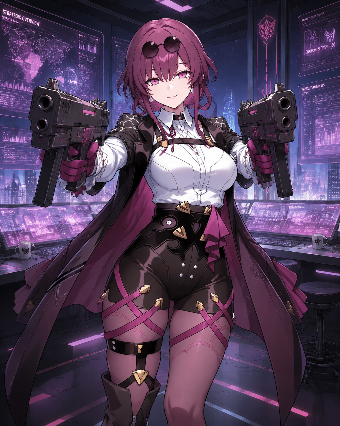 Aiming twin submachine guns with a smirk at a sleek high-tech command center terminal (detailed anime concept art)