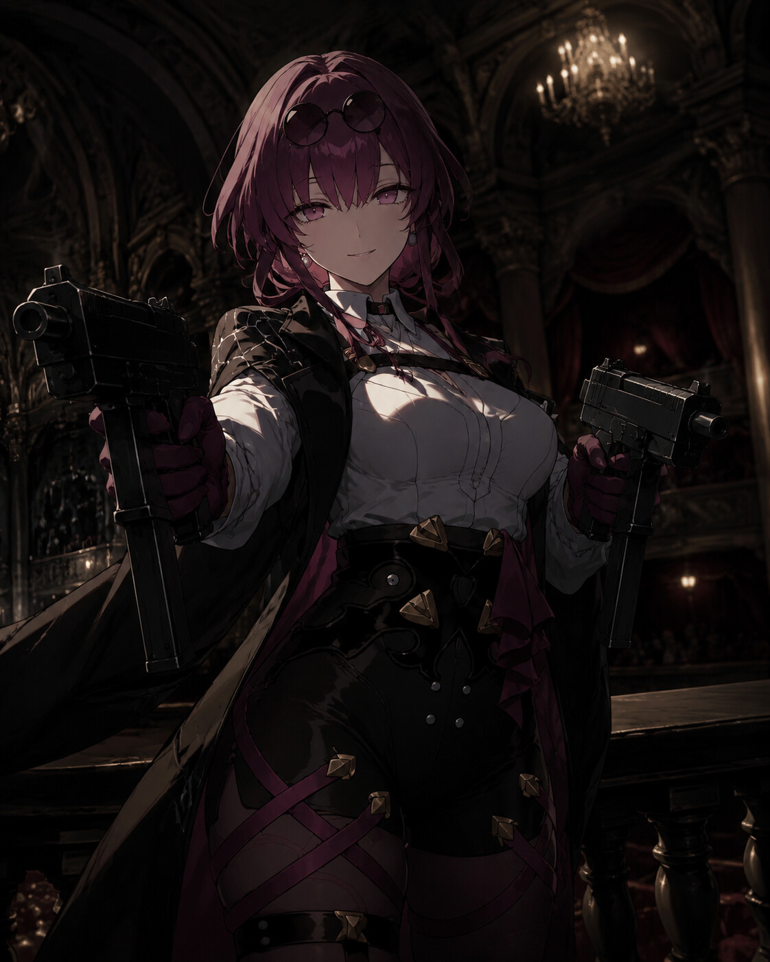 Aiming twin submachine guns with a smirk in a dimly lit opera house balcony (cinematic noir)
