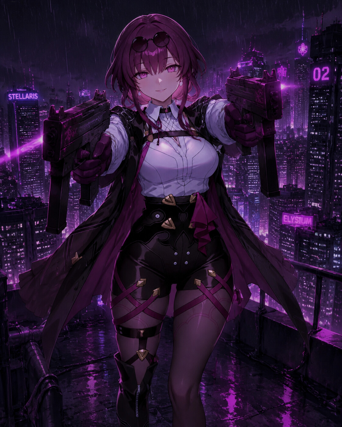 Aiming twin submachine guns with a smirk on a rainy rooftop overlooking a futuristic city (dark synthwave aesthetic)