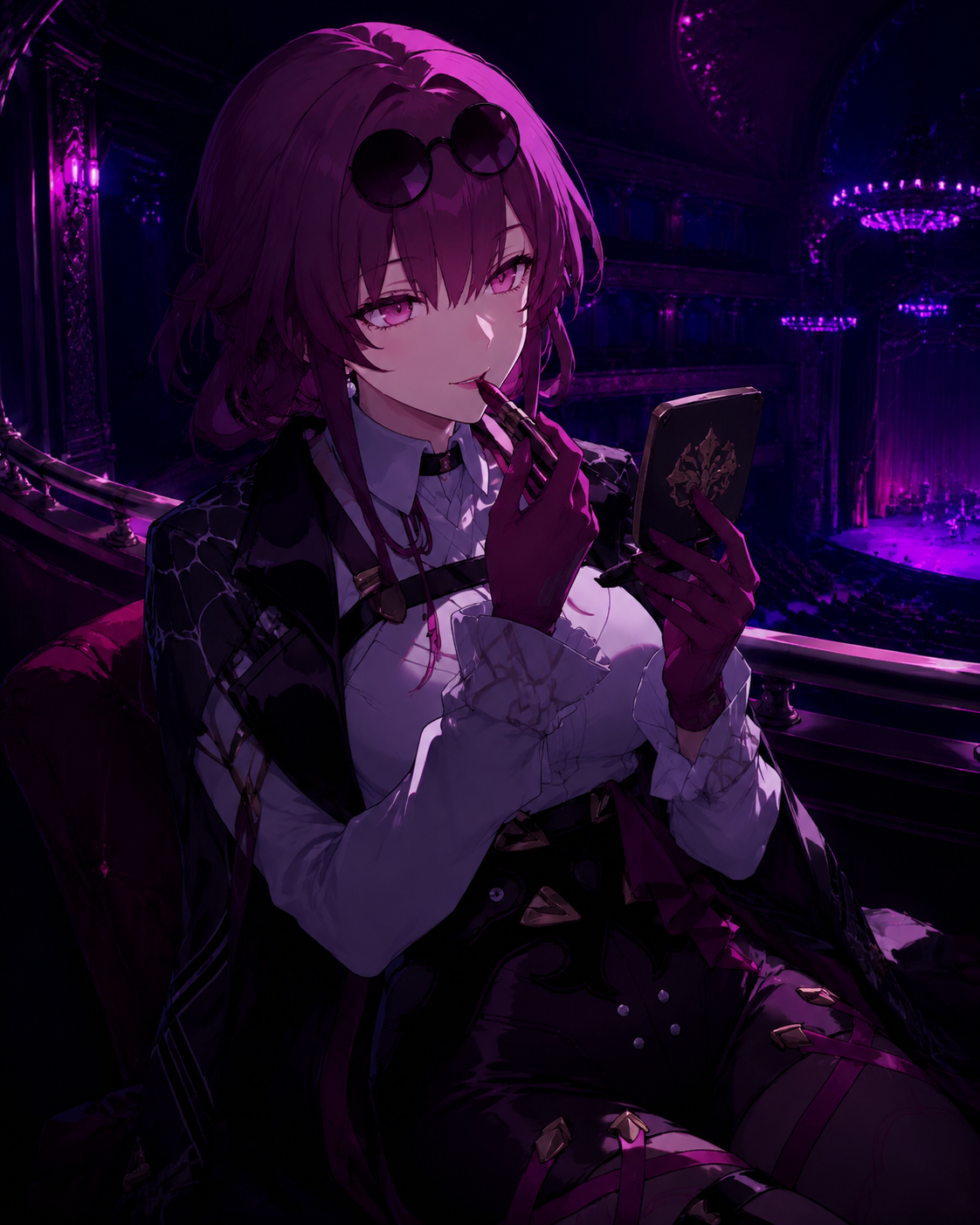 Carefully applying dark red lipstick In a dimly lit opera house balcony (dark synthwave aesthetic, neon purple highlights)