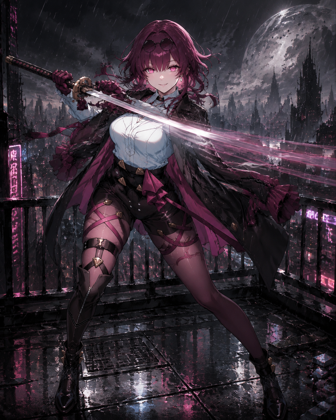 Drawing her katana in a blur of motion On a balcony overlooking a desolate ruined planet (gritty cyberpunk illustration, rain-slicked surfaces)