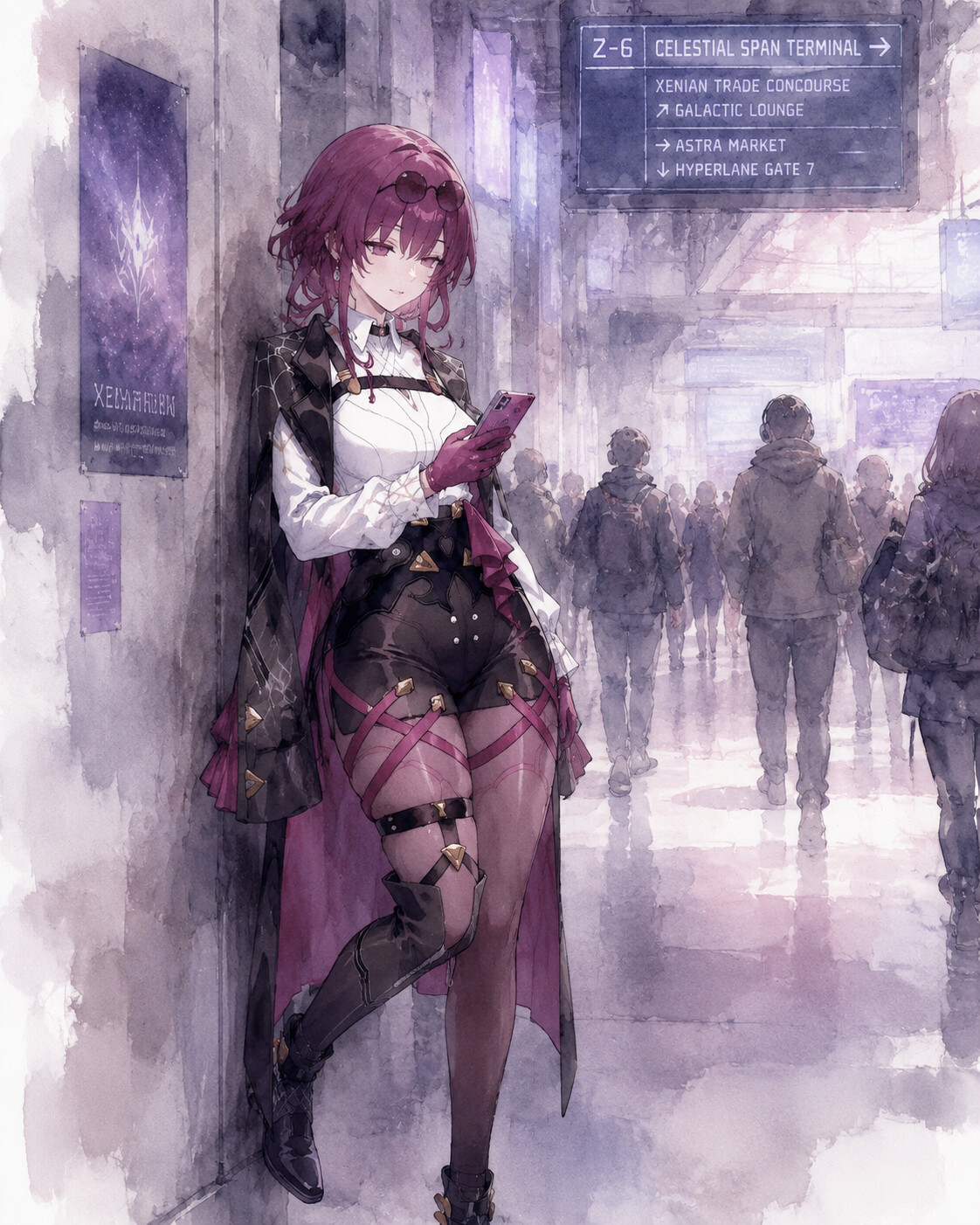 Leaning against a wall while checking her phone at a crowded intergalactic transit hub (ethereal watercolor)