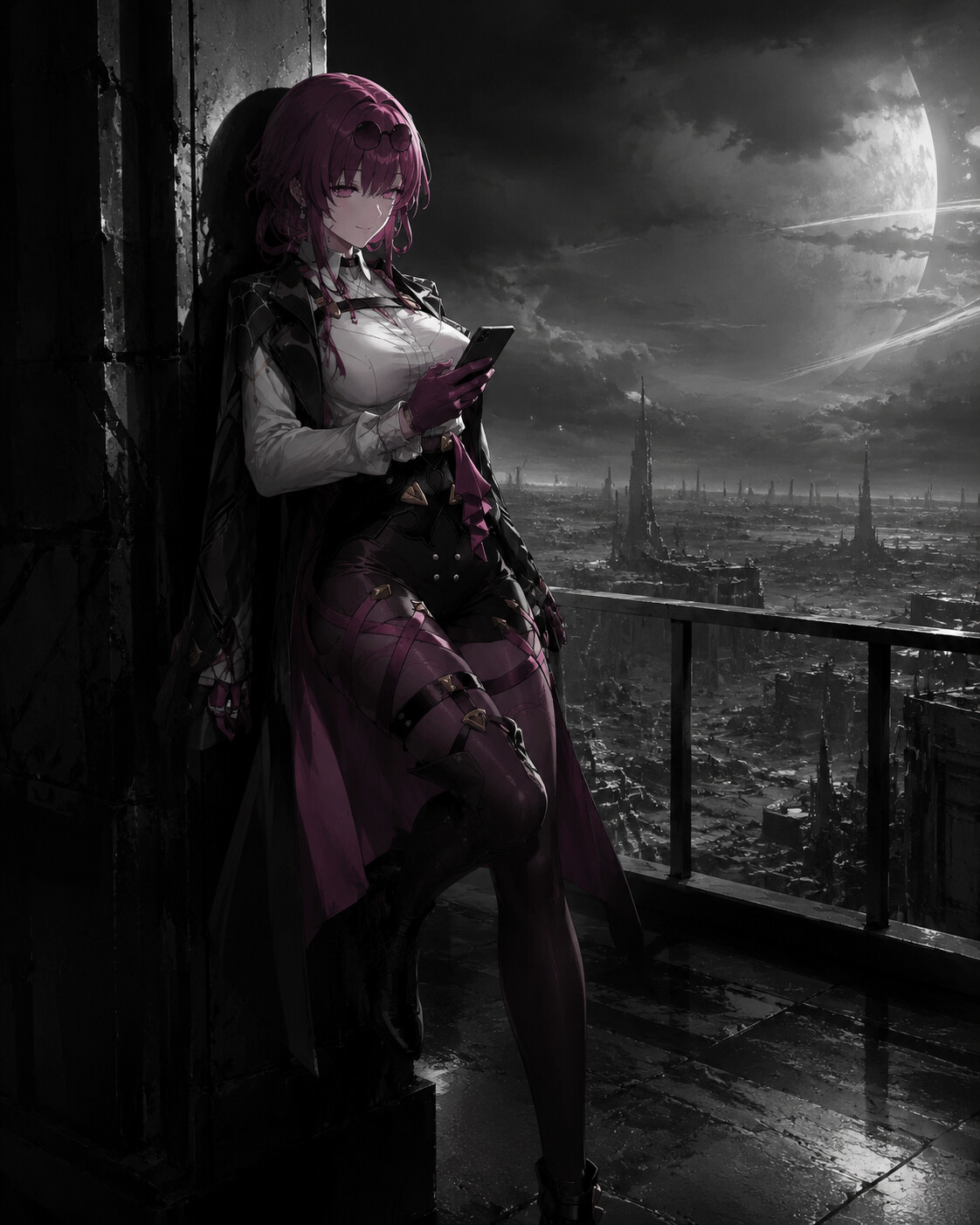 Leaning against a wall while checking her phone on a balcony overlooking a desolate ruined planet (cinematic noir)