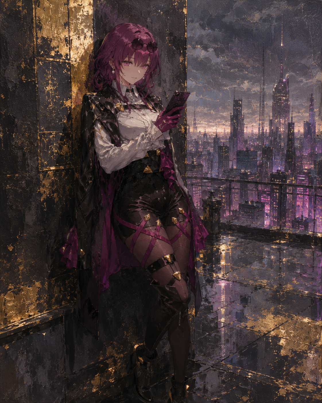 Leaning against a wall while checking her phone On a rainy rooftop overlooking a futuristic city (elegant oil painting, rich textures and gold leaf)
