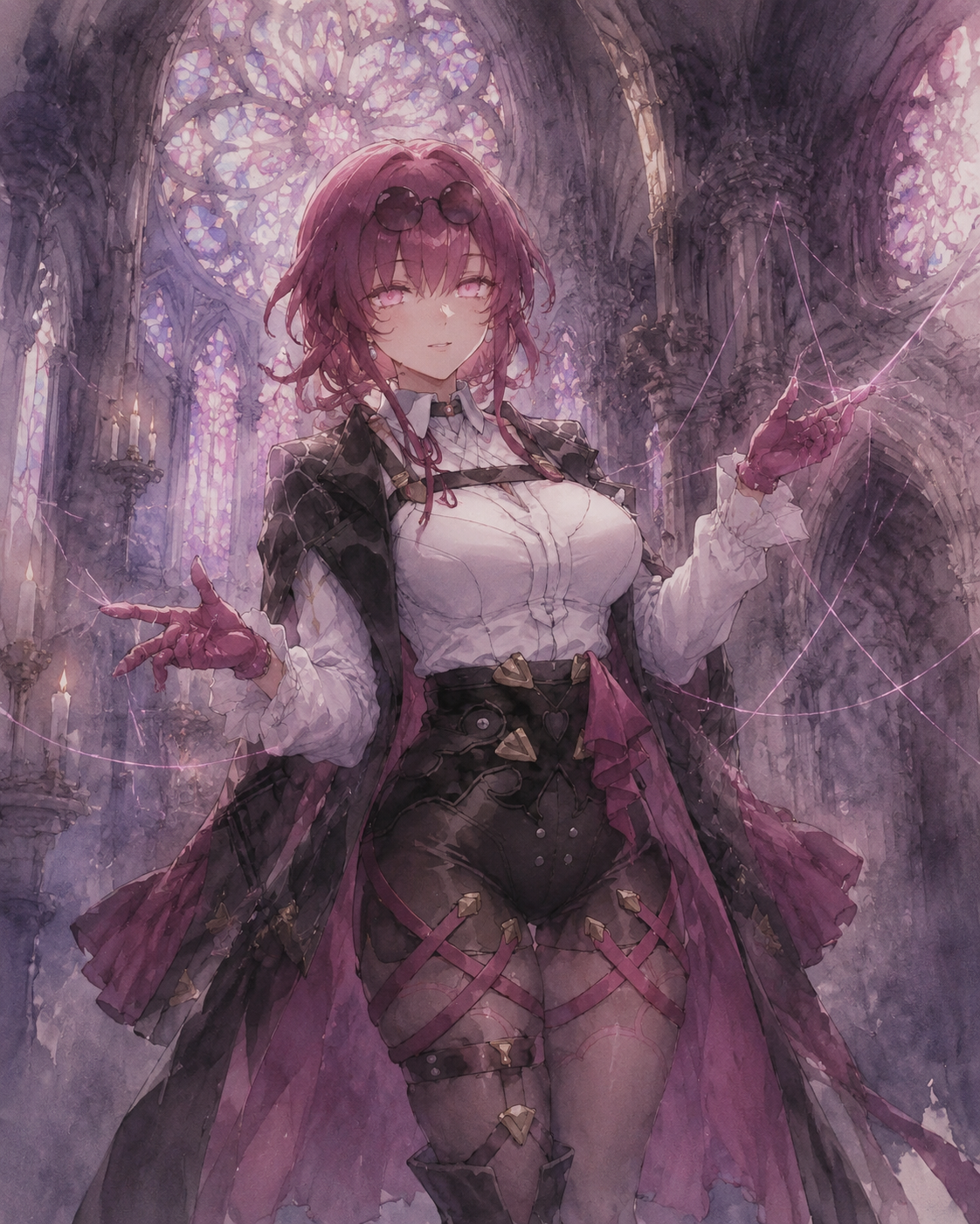 Manipulating invisible spirit threads with her fingers In a gothic cathedral with stained glass windows (ethereal watercolor, soft edges and muted tones)