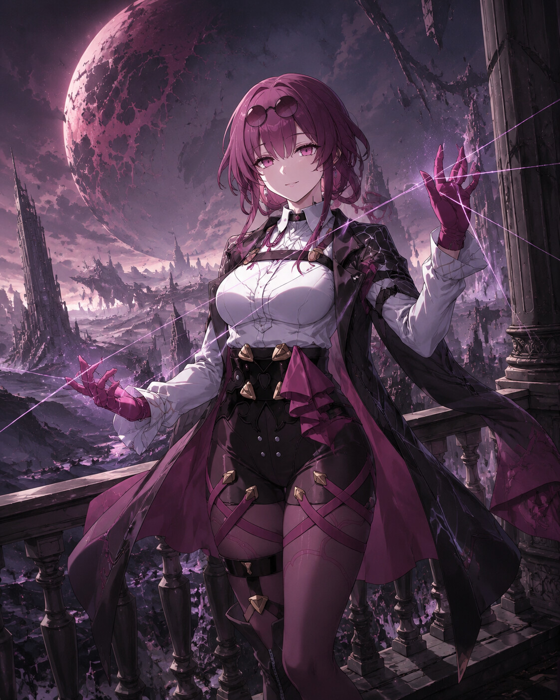 Manipulating invisible spirit threads with her fingers on a balcony overlooking a desolate ruined planet (detailed anime concept art)