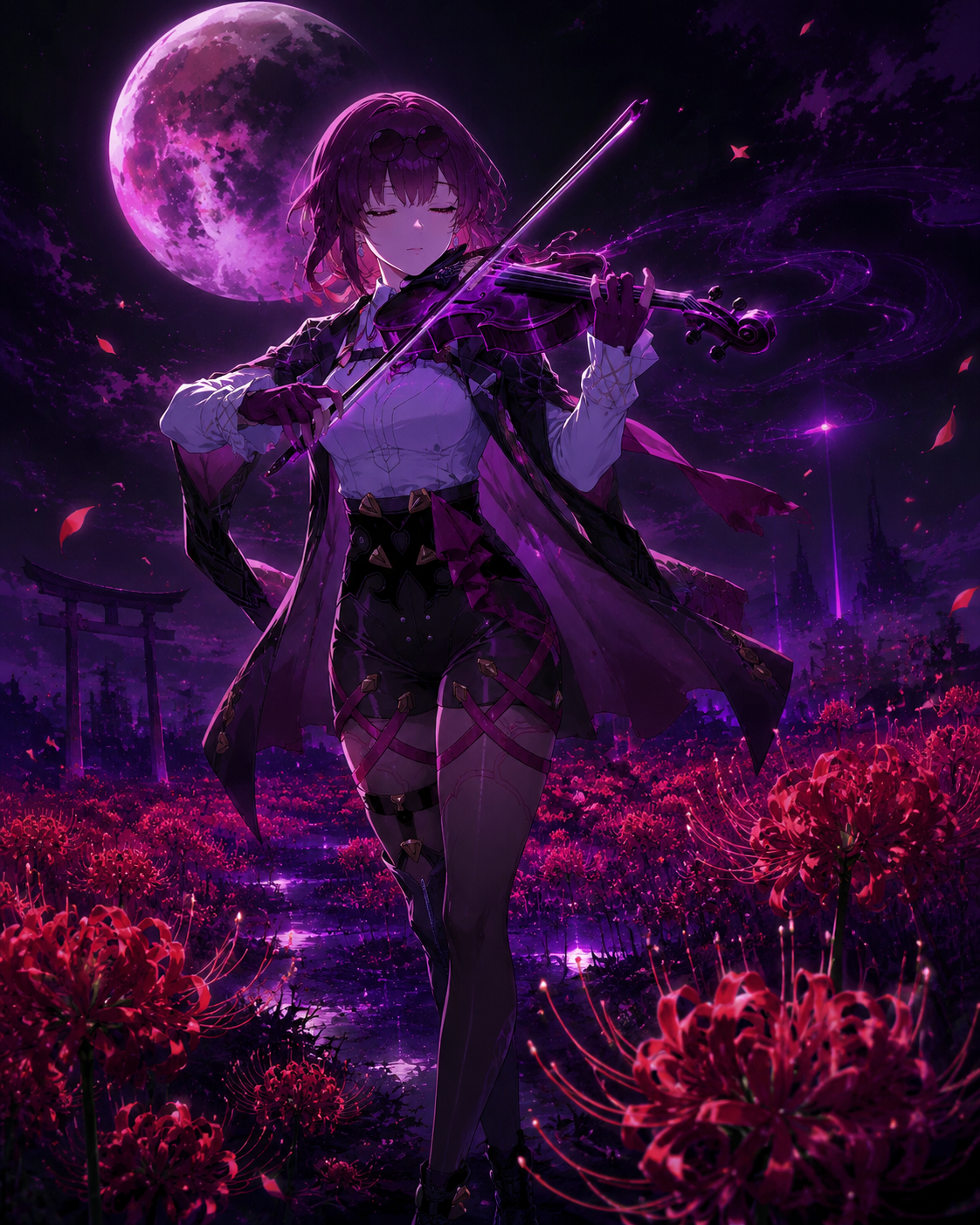 Playing a haunting melody on a violin In a field of red spider lilies under moonlight (dark synthwave aesthetic, neon purple highlights)