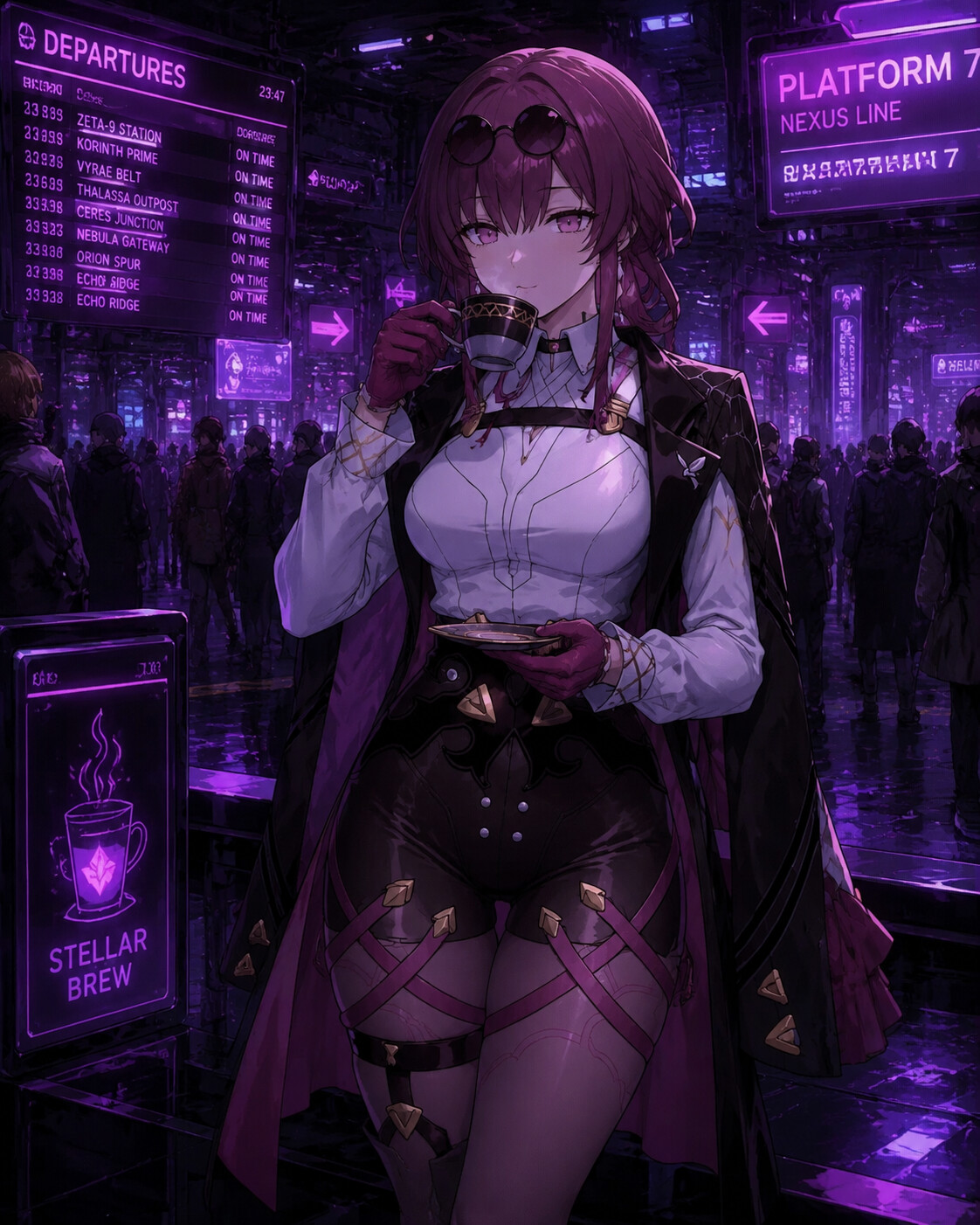 Sipping hot espresso from a delicate porcelain cup at a crowded intergalactic transit hub (dark synthwave aesthetic)