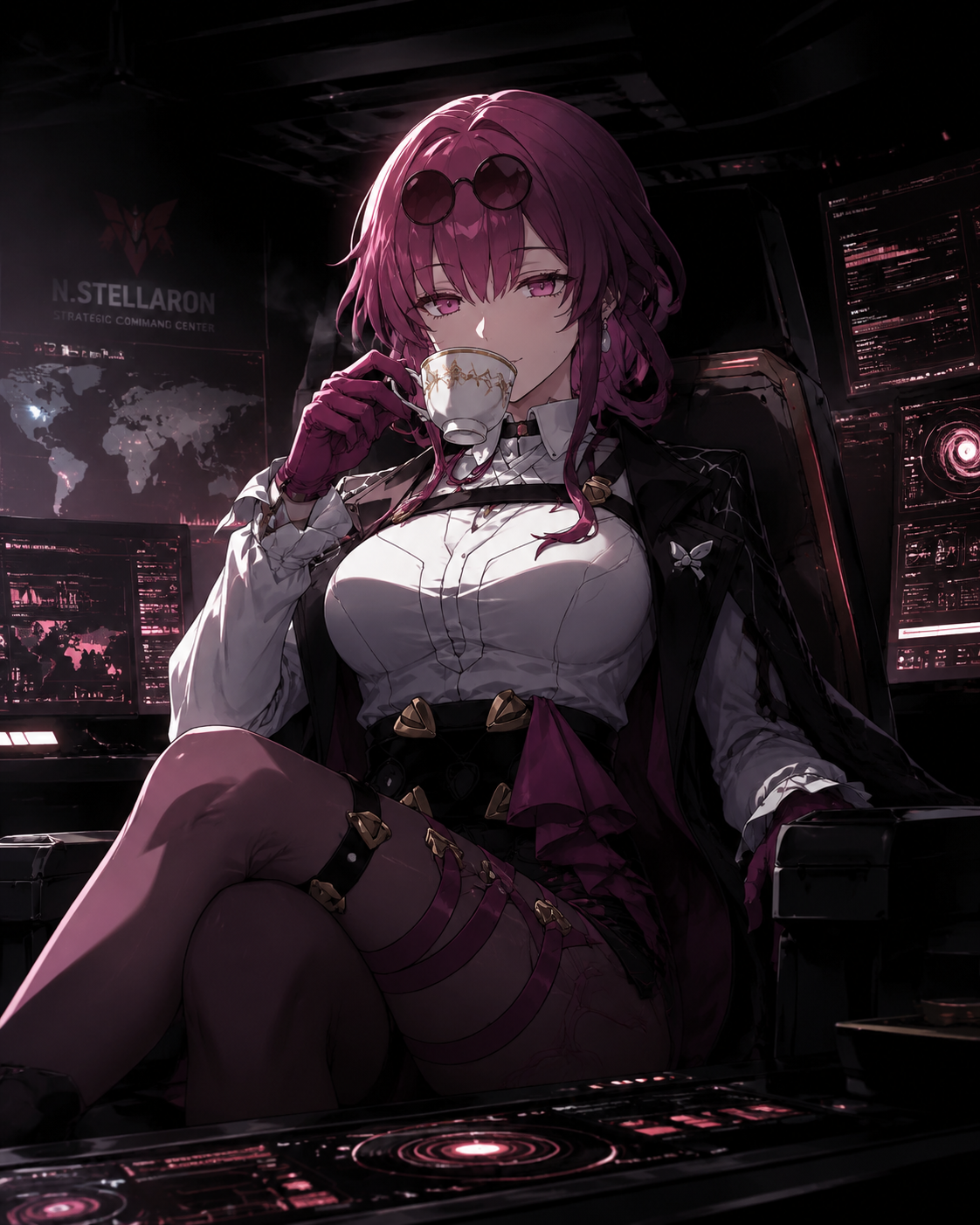 Sipping hot espresso from a delicate porcelain cup At a sleek high-tech command center terminal (cinematic noir, dramatic shadows and high contrast)