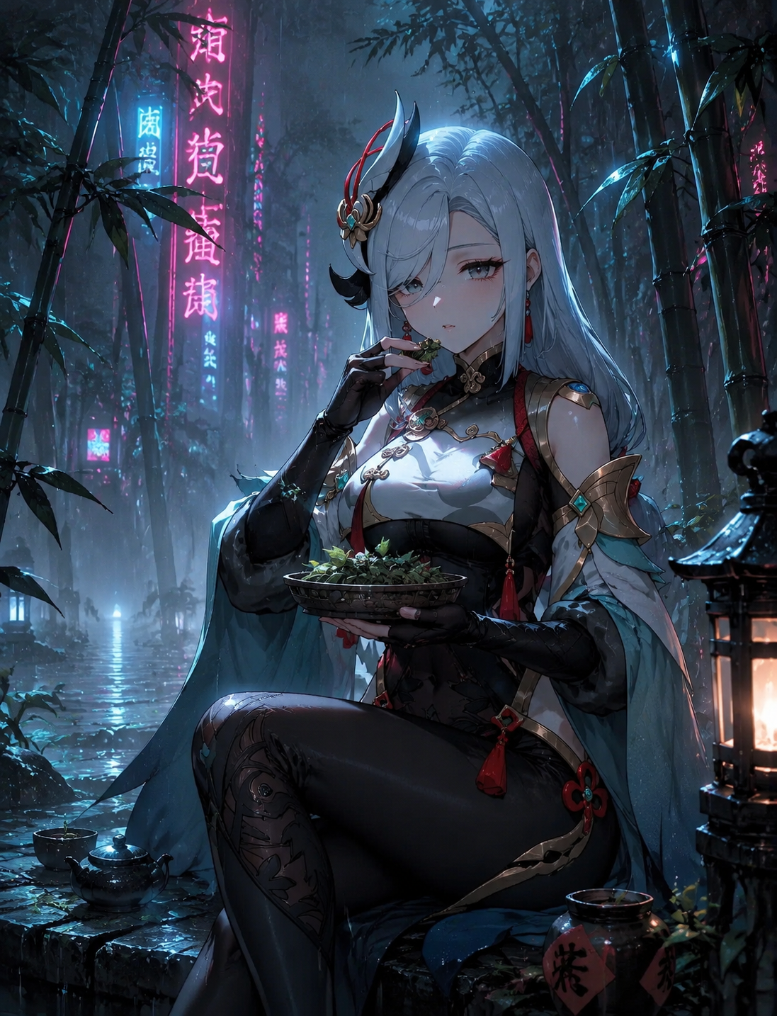 Eating medicinal herbs with a stoic expression In a mist-covered bamboo forest (cyberpunk neon, rainy aesthetic)