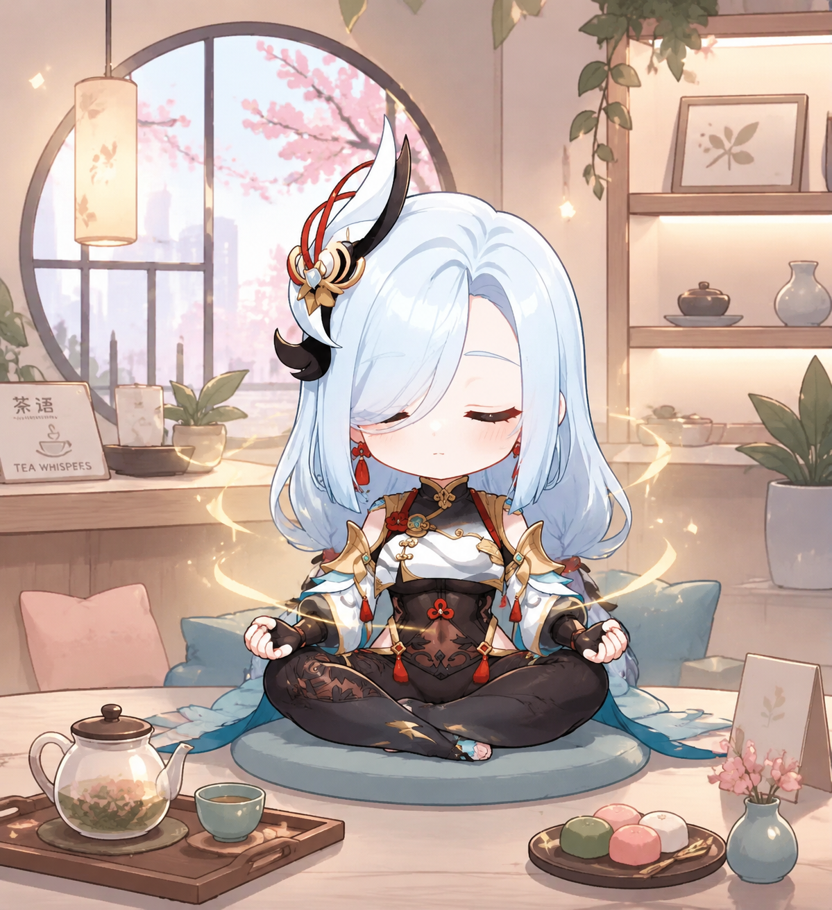 Meditating in a deep trance At a cozy modern tea house (chibi cute, pastel palette)