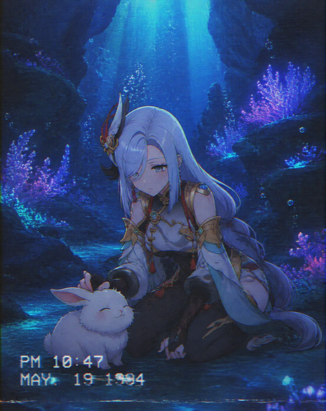 Petting a fluffy white rabbit At the bottom of a bioluminescent underwater cave (90s retro anime, grainy VHS look)
