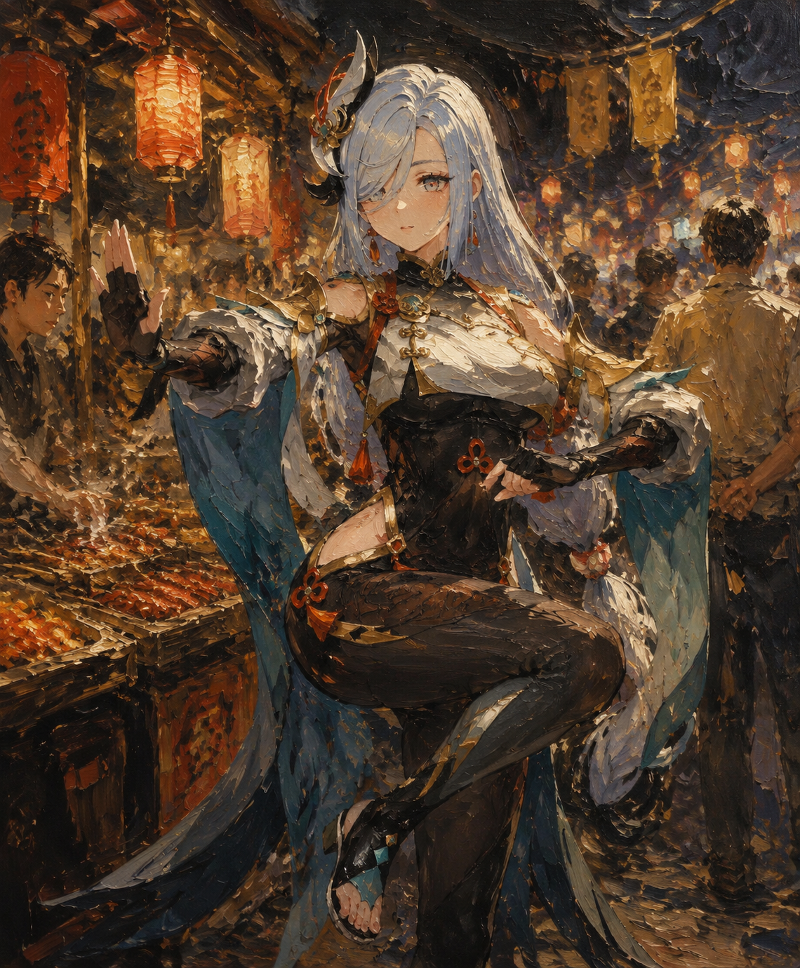 Practicing a slow martial arts kata At a crowded night market stall (oil painting, thick brushstrokes)