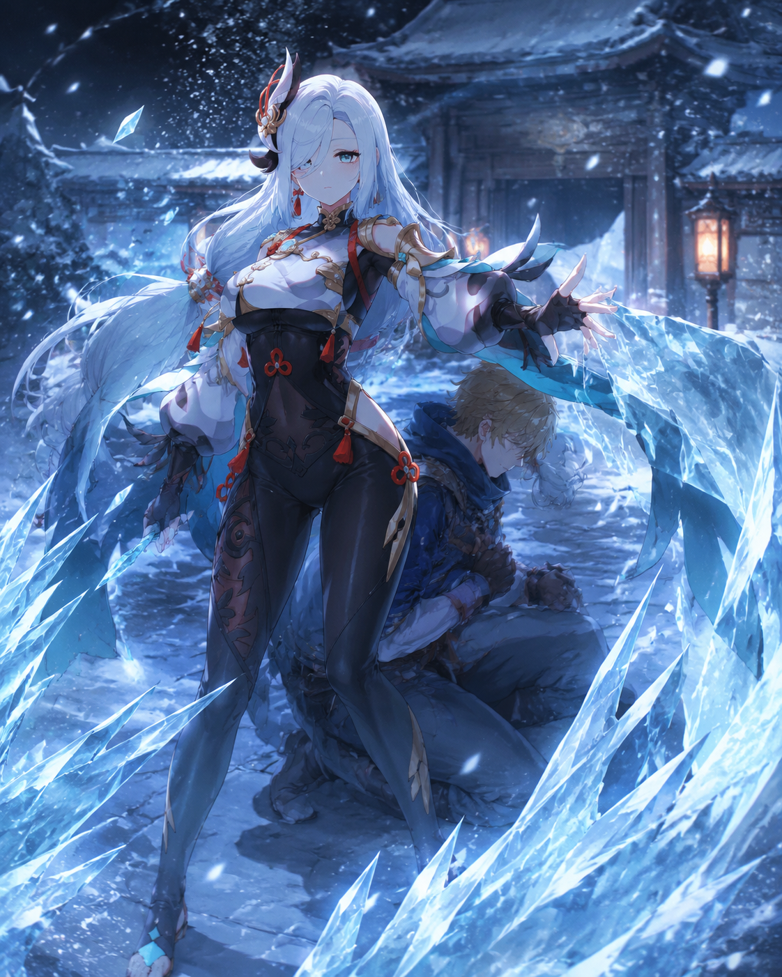 Protecting a traveler from an unseen threat In a quiet courtyard under falling snow (high-fantasy digital art, glowing ice effects)