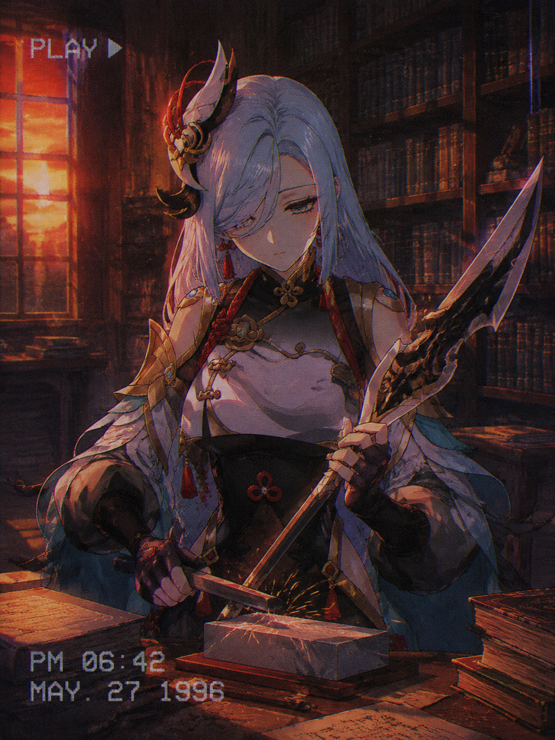 Sharpening her lethal polearm In a silent library during sunset (90s retro anime, grainy VHS look)