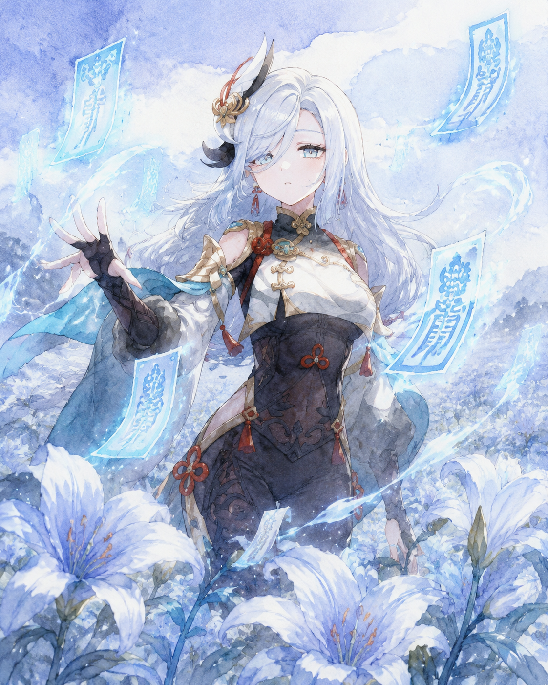 Summoning glowing talismans with a cold stare In a field of blooming Glaze Lilies (watercolor anime, soft lighting)