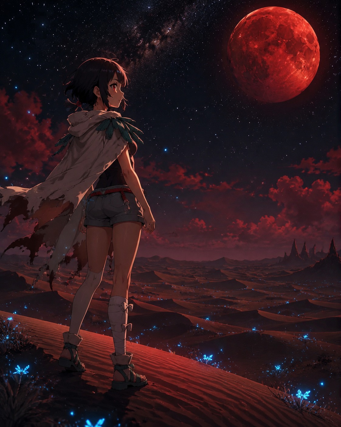 Gazing at the distant stars On a desert dune under a blood-red moon (cinematic digital painting, dramatic bioluminescence)
