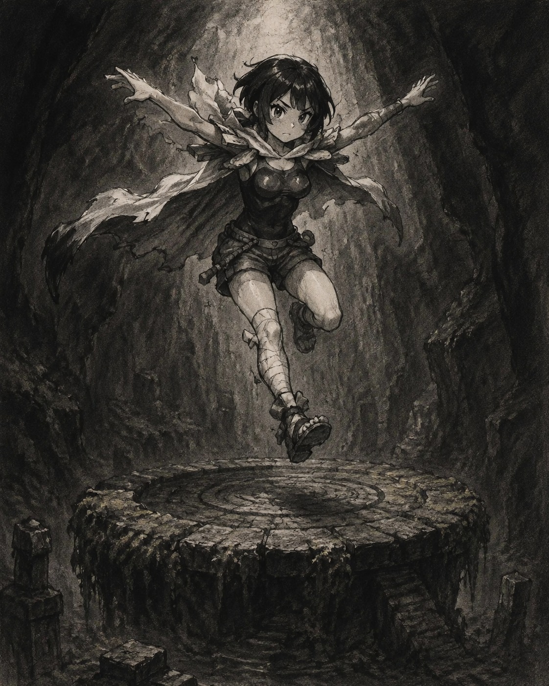 Leaping from a high cliff ledge On a mossy stone altar deep underground (moody charcoal sketch, rough textures)