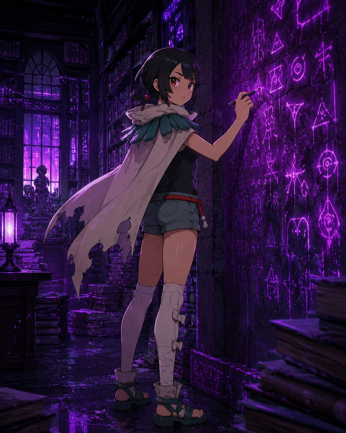 Scrawling cryptic symbols on a wall In a quiet library filled with floating dust (cyberpunk synthwave, neon purple lighting)