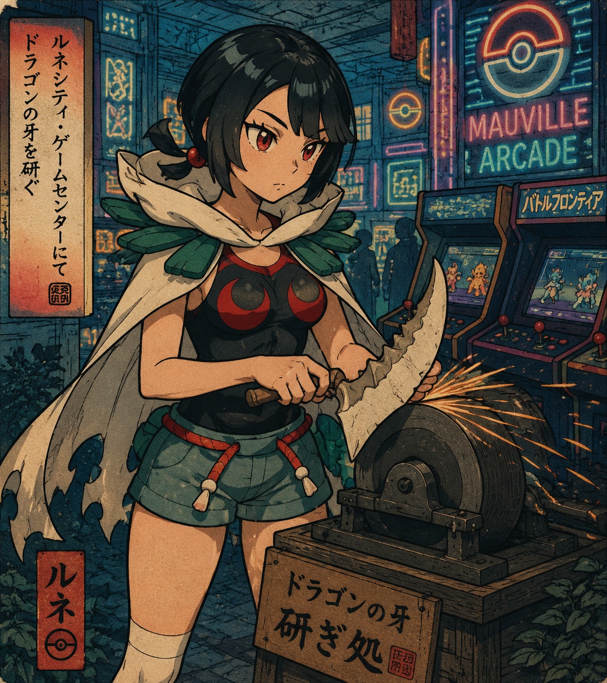 Sharpening a jagged dragon tooth At a neon-lit arcade in Mauville City (traditional Japanese woodblock print, bold outlines)