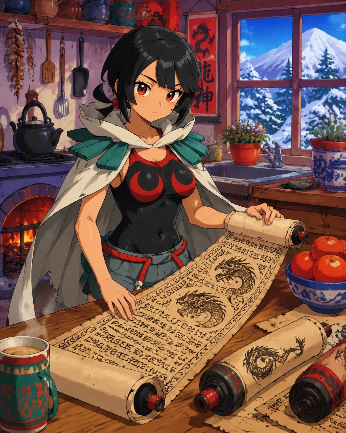 Unrolling ancient draconid scrolls In a cozy kitchen during a winter morning (90s retro anime, vibrant saturated colors)