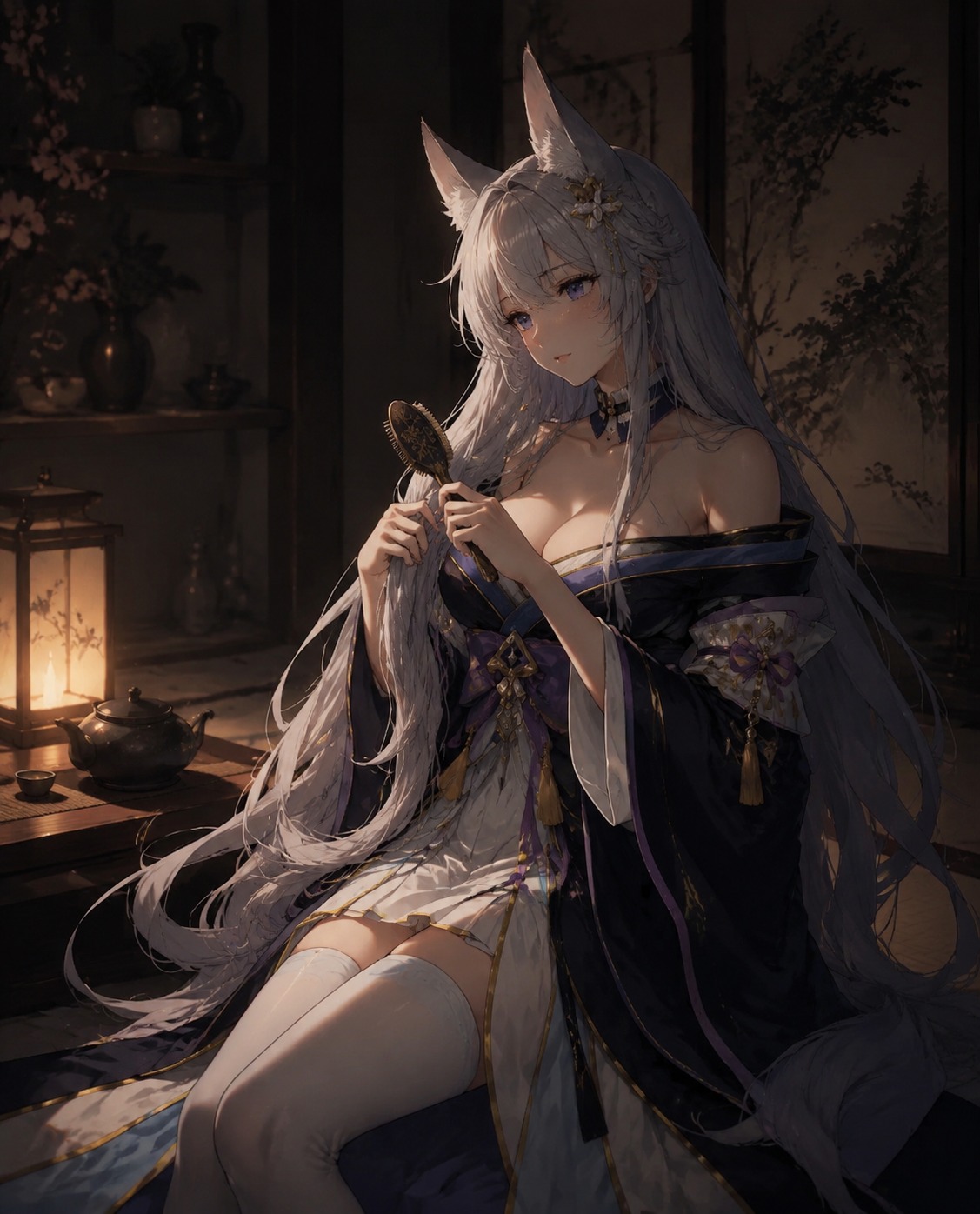 Brushing her long silver hair In a dimly lit traditional tea room (cinematic noir, dramatic shadows)
