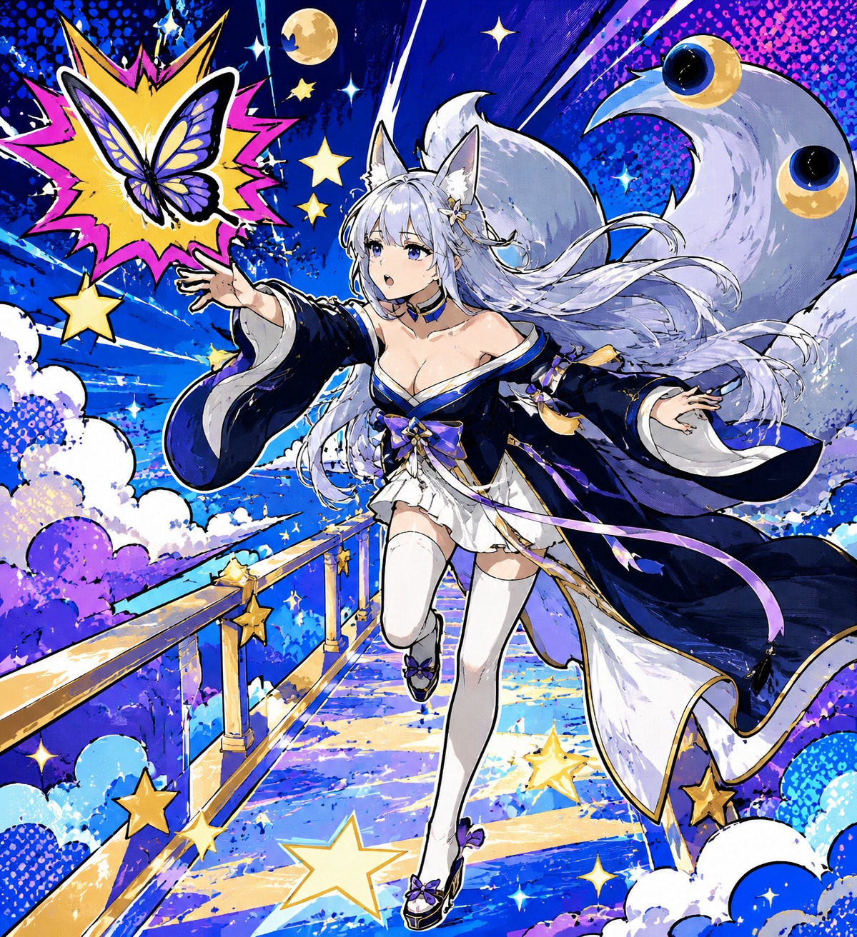 Chasing a stray butterfly across the deck On a bridge made of starlight and clouds (vibrant pop art, bold outlines)