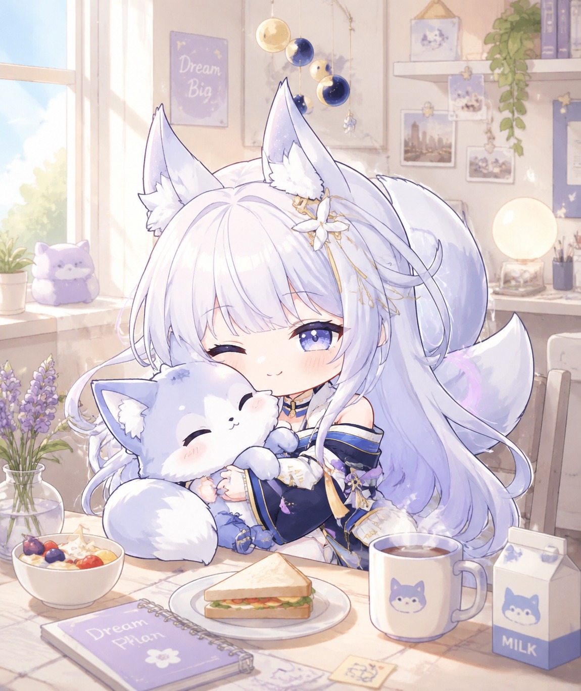 Cuddling a fluffy stuffed fox toy At a cozy modern dormitory breakfast table (chibi cute, pastel aesthetic)