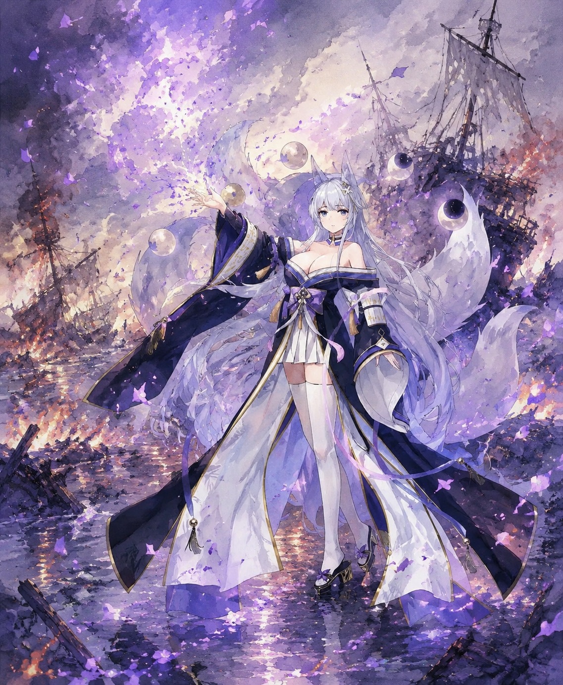 Summoning a storm of violet petals On a burning battlefield amidst naval wreckage (watercolor anime, soft lighting)