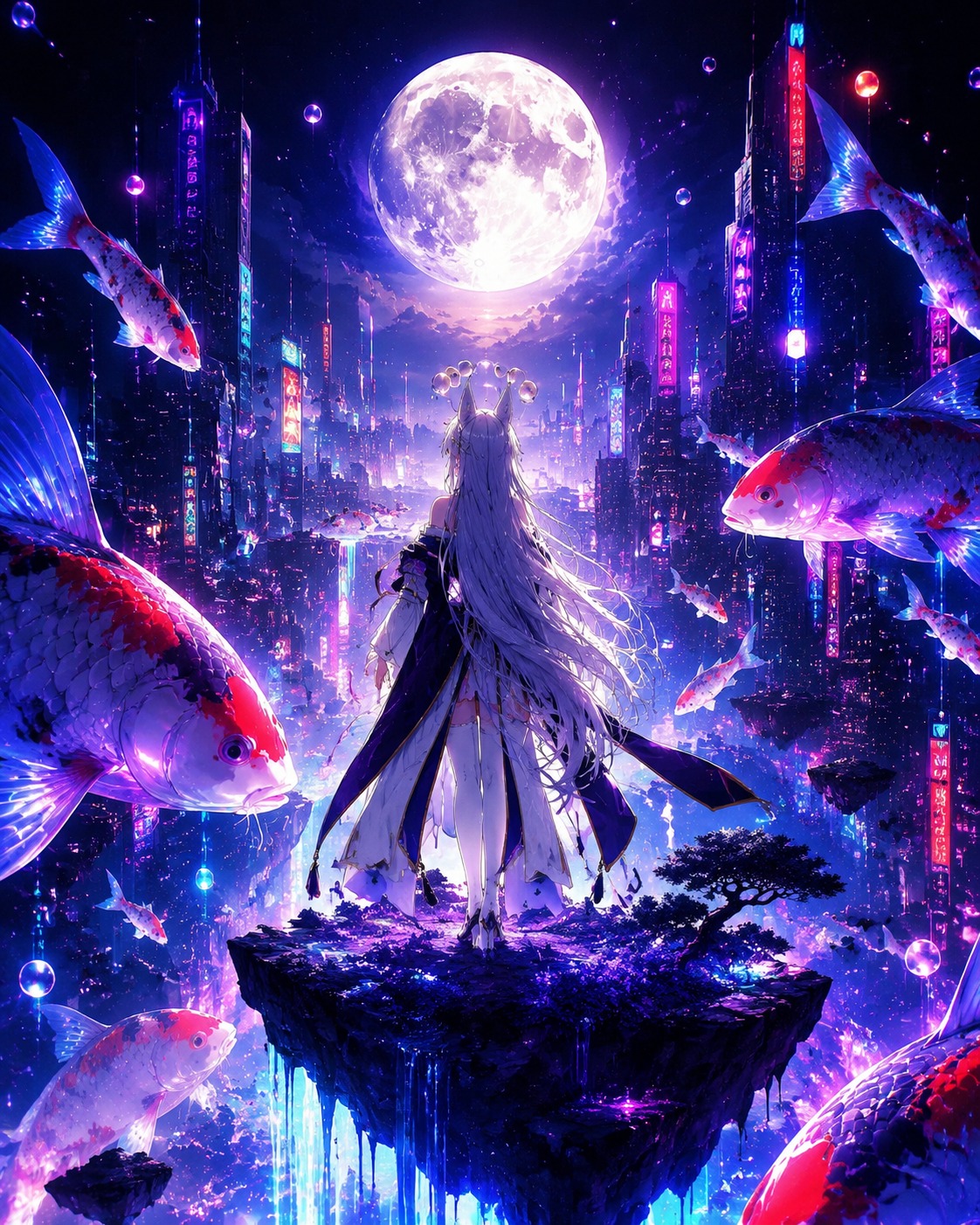 Watching a distant moon rise On a floating island surrounded by giant koi fish (cyberpunk neon, high contrast)
