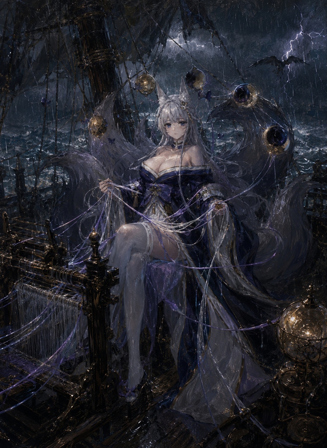 Weaving silk threads of destiny On a ship deck during a torrential monsoon (dark fantasy, gothic oil painting)